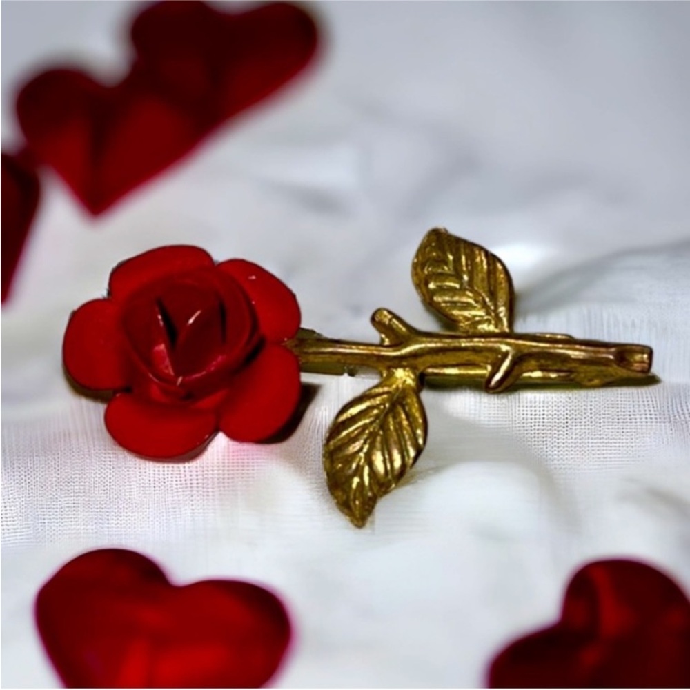 Elegant Gold and Red Rose Brooch